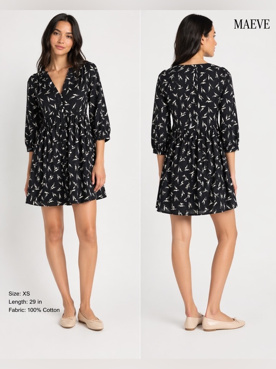Anthropologie Dresses & Skirts - Maeve Black White Print Cotton Mini Dress XS 3/4 Sleeve Babydoll